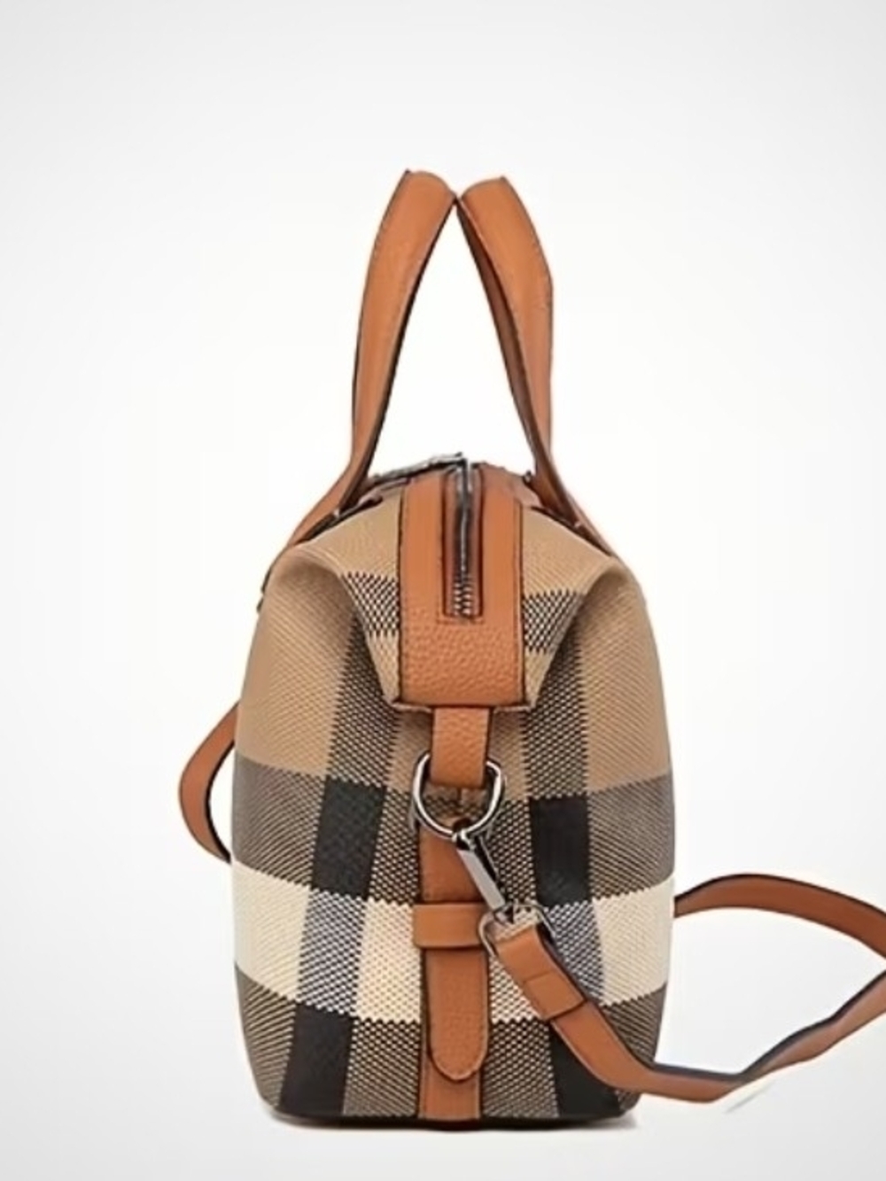 Women's Vintage Plaid Boston Bag with Detachable Strap Red, Black Tan Cream - Picture 6 of 9